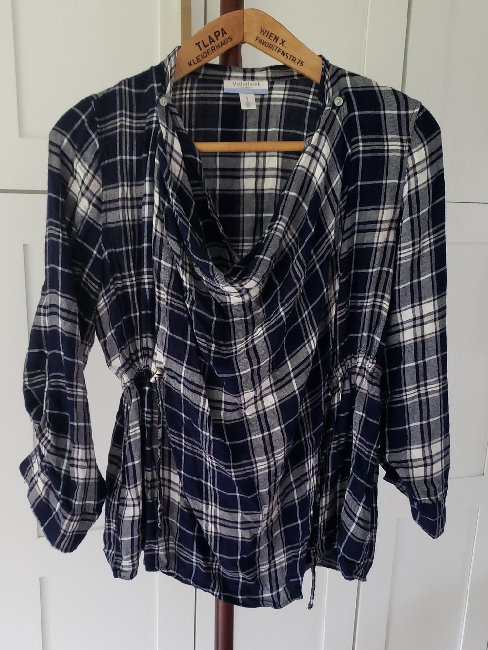 Motherhood Maternity Navy and White Plaid Cowl Neck Tunic